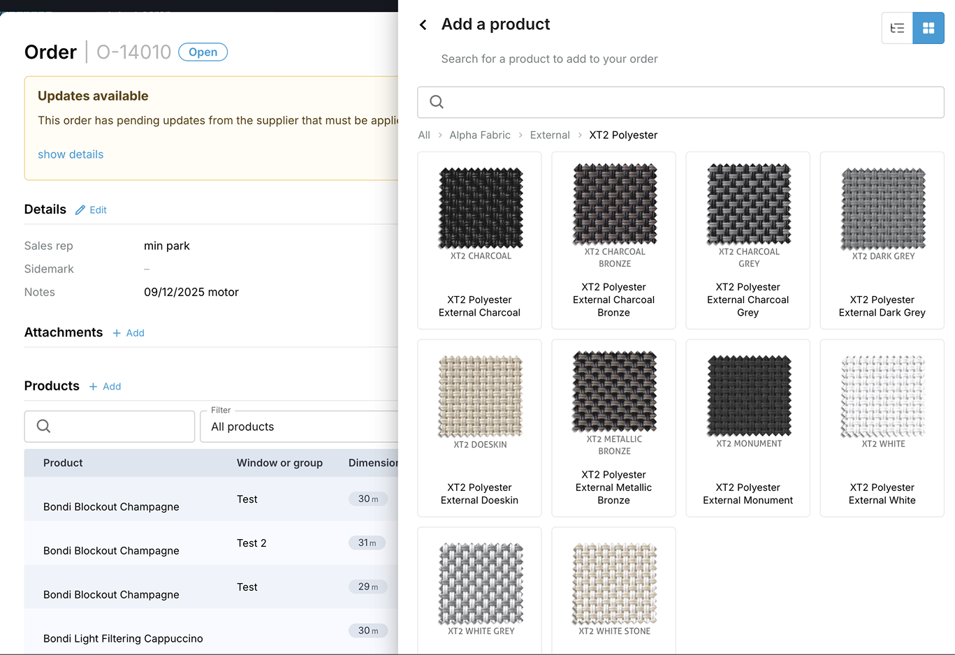 Image-driven product selection interface showing fabric swatches and order details