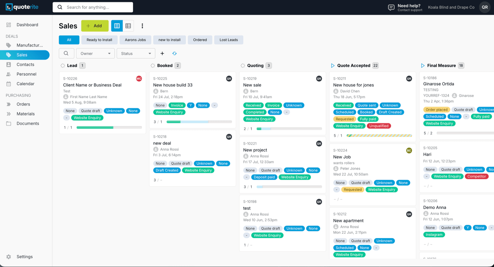 Quoterite Retail sales pipeline board with custom stages