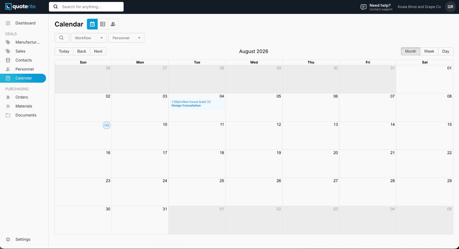 Quoterite calendar with a measure booking