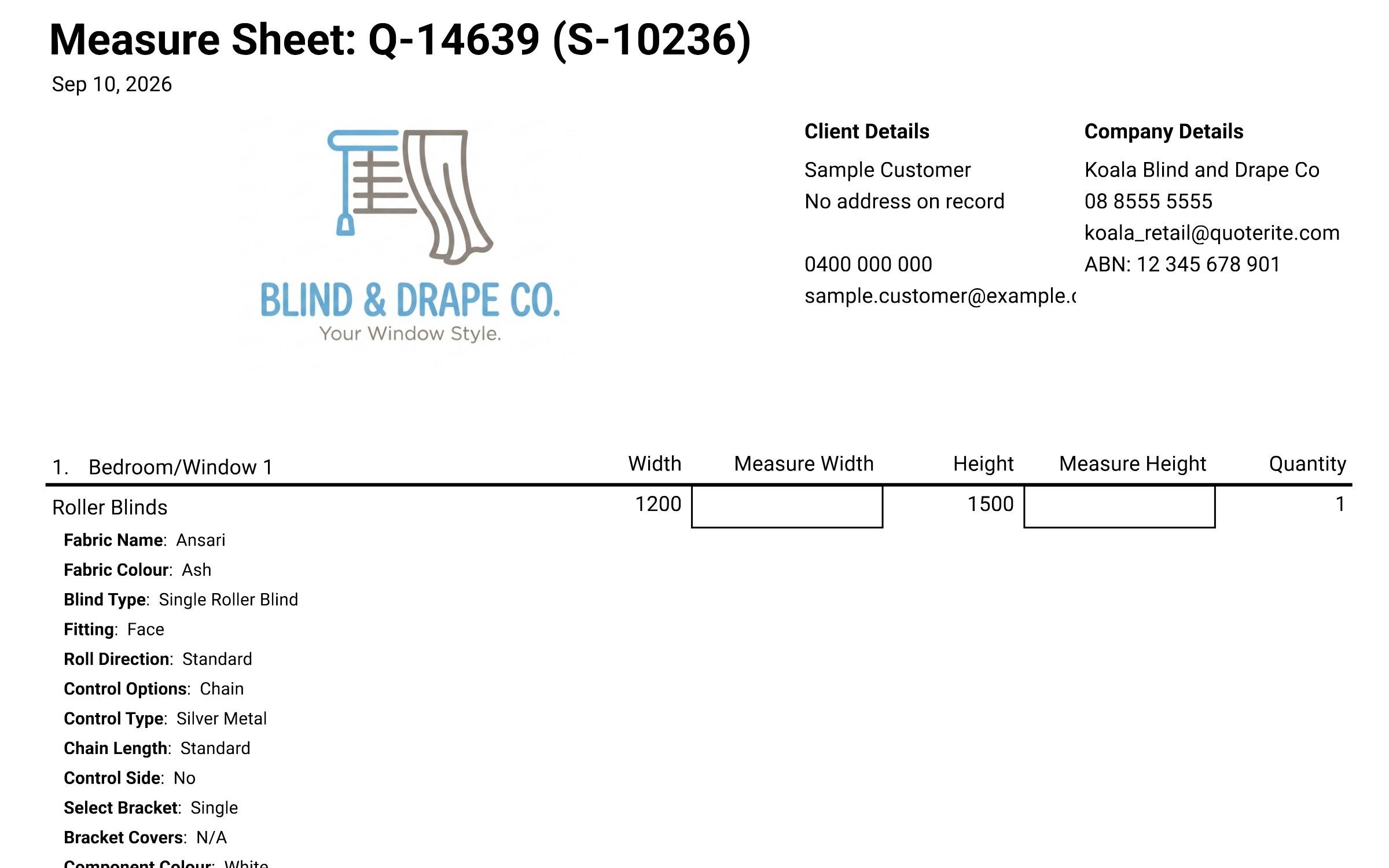 Measure sheet generated from a quote, with blank Measure Width and Measure Height boxes for the on-site check