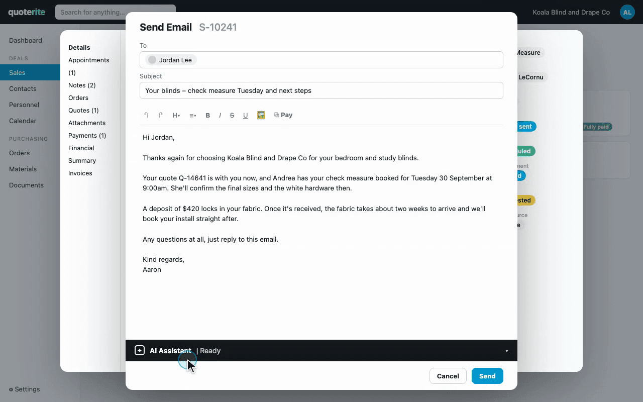 Send Email dialog on a deal with the AI assistant drafting the customer update