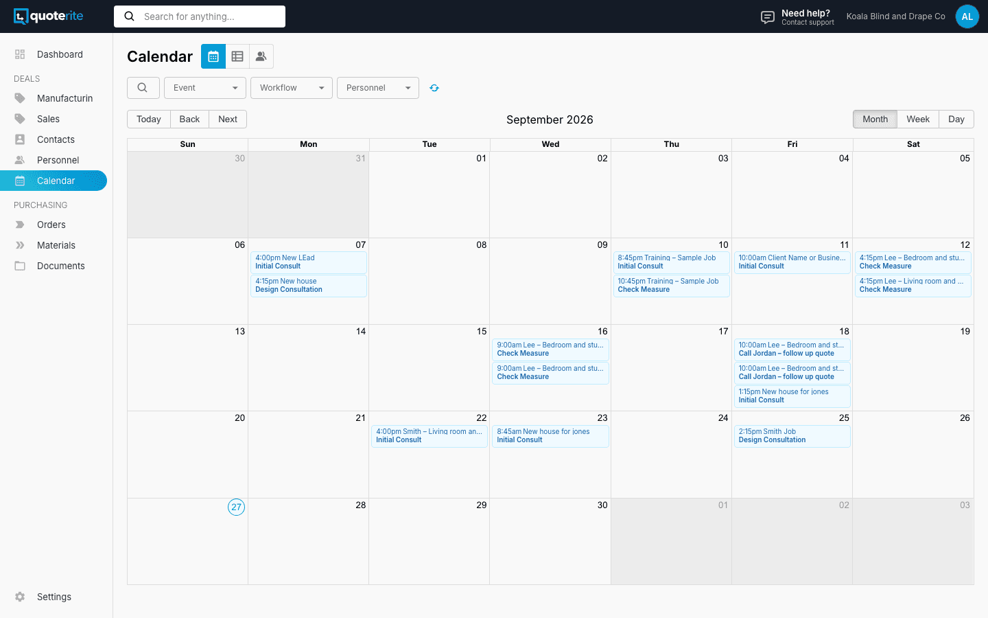 Calendar month view with consults, check measures and installs