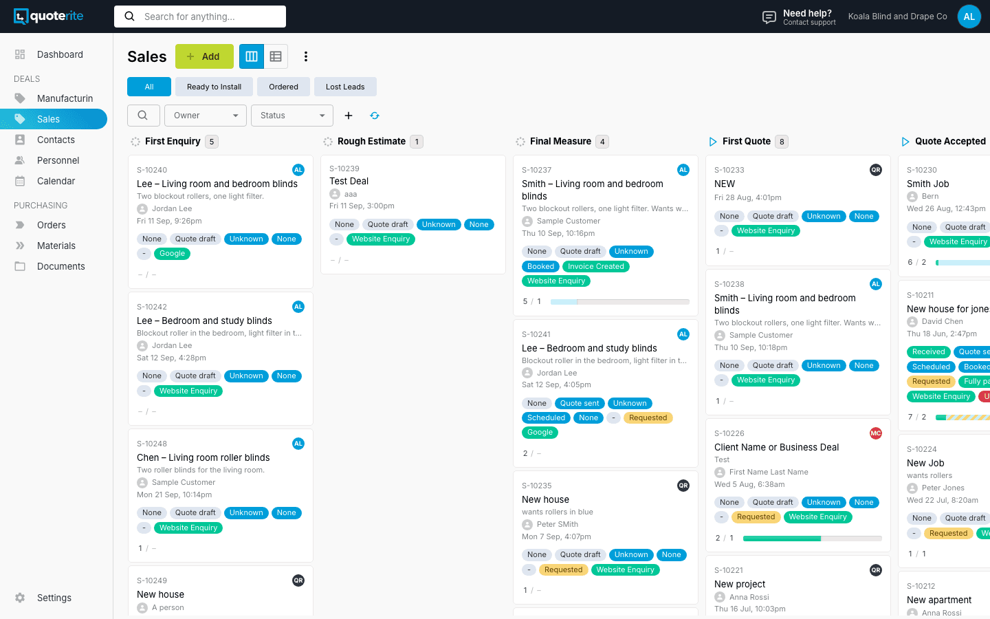Sales board with saved views, stages and flagged deal cards