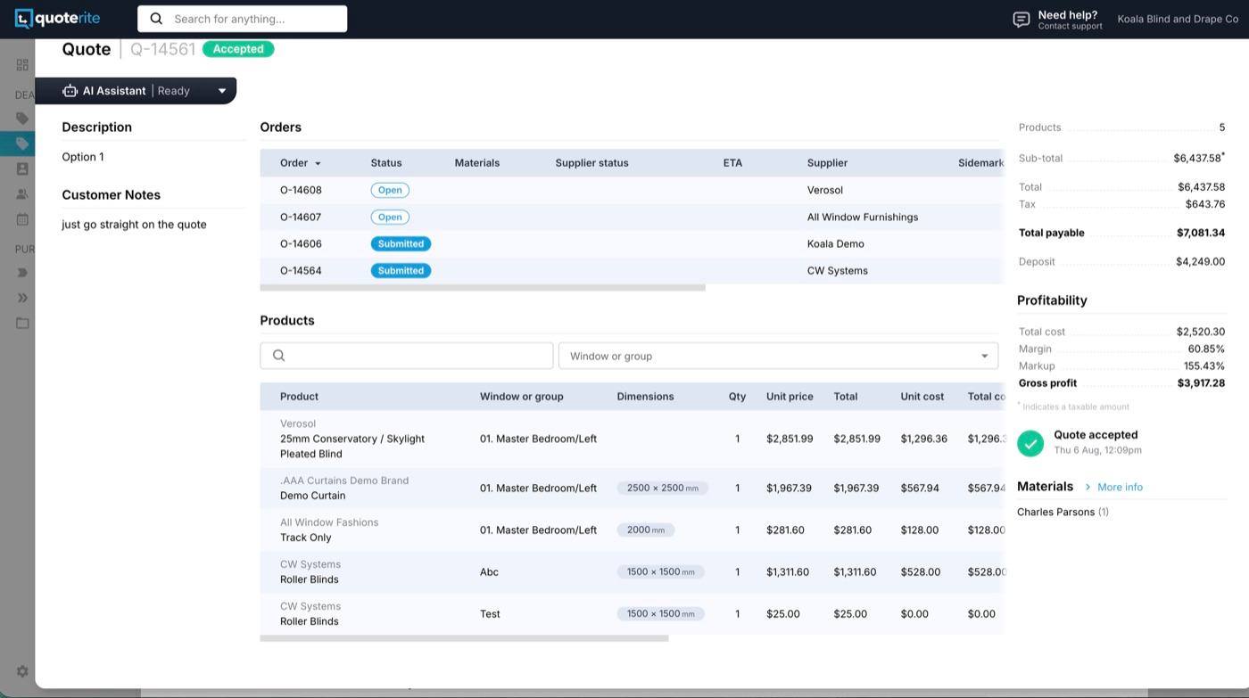 Quoterite quote builder on site with products, options and pricing